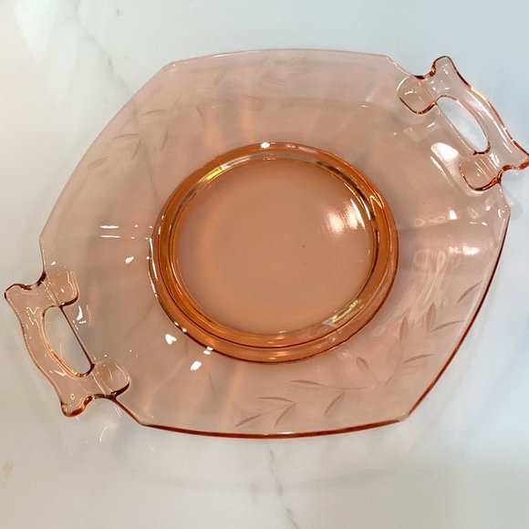 Pink Depression Glass Etched Tray with Handles - Picture 2 of 14